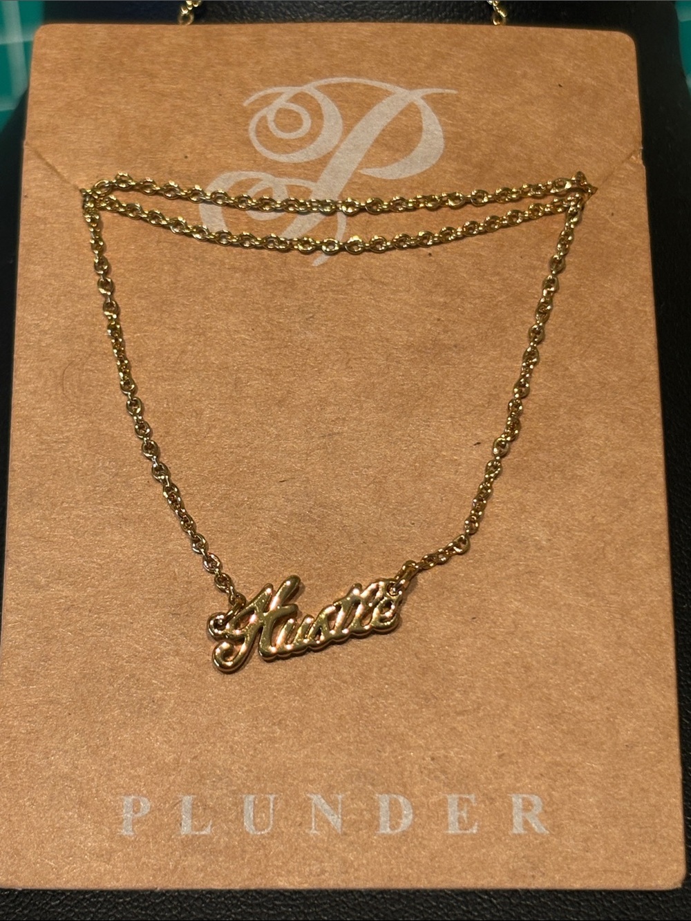 Plunder Gold Script 'Hustle' Nameplate Necklace (v)